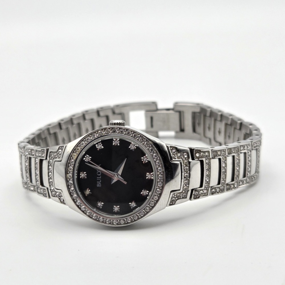 Bulova Women's Black Dial Silver Tone Swarovski Crystal Dress Watch 96L170